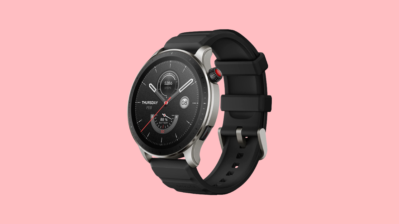 A photo of the Amazfit GTR 4 smartwatch on a pink background. The watch has a 1.43-inch AMOLED display and can track a variety of fitness activities. The image is also tagged with the keywords 
